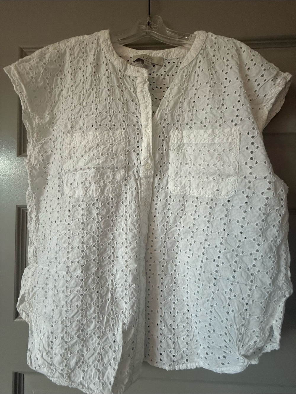 LOFT White Eyelet Cap-Sleeve Button-Up Blouse